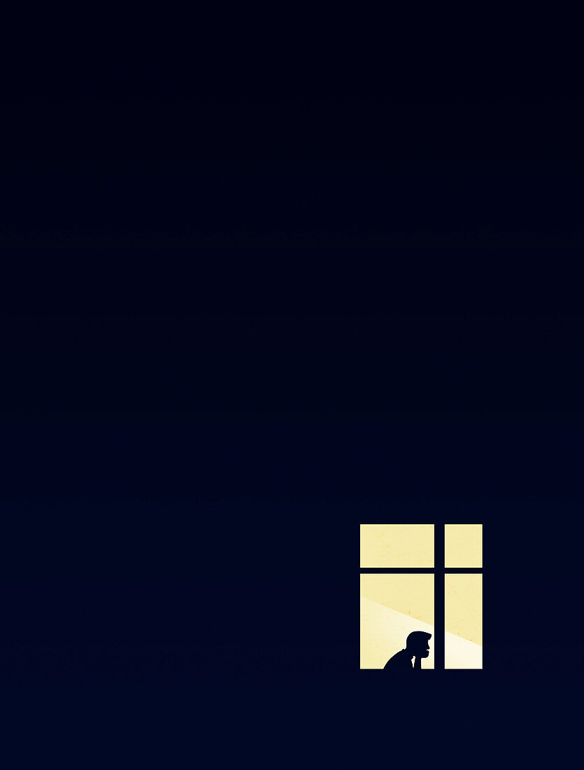 Solitary figure in illuminated window, illustration