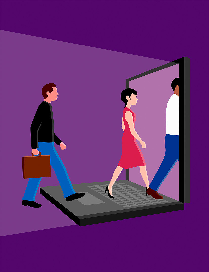 Business people entering computer screen, illustration