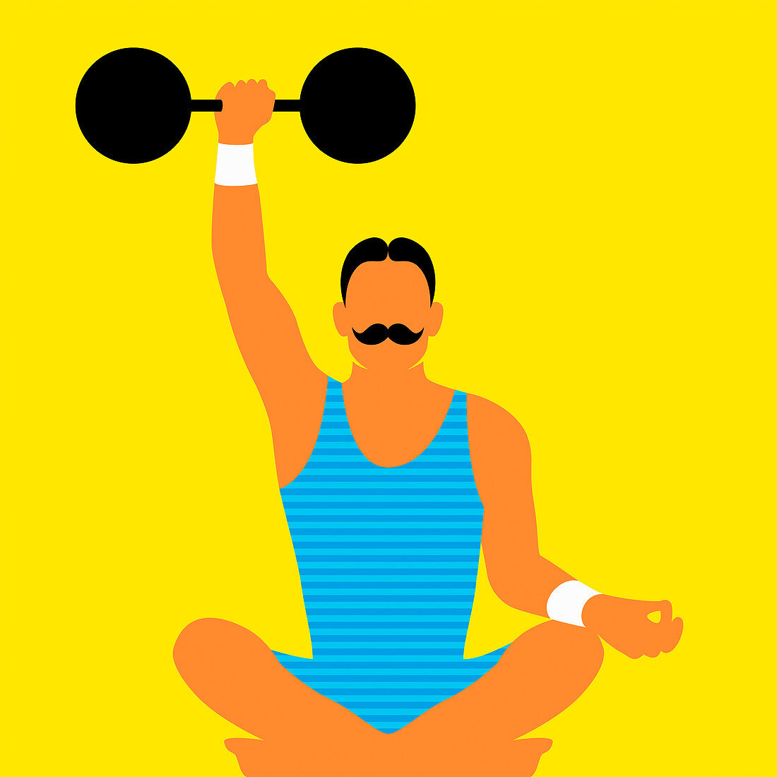 Strongman lifting dumb bell while meditating, illustration