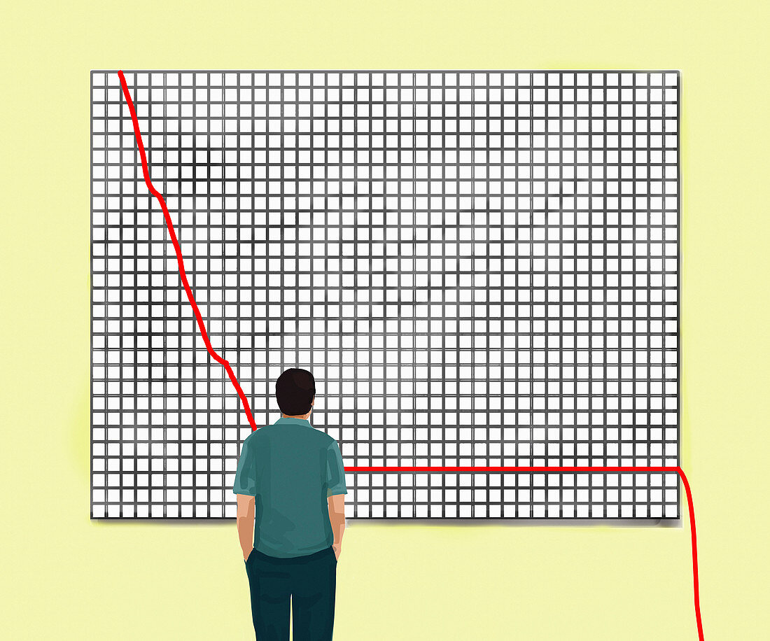 Man looking at line graph falling off chart, illustration