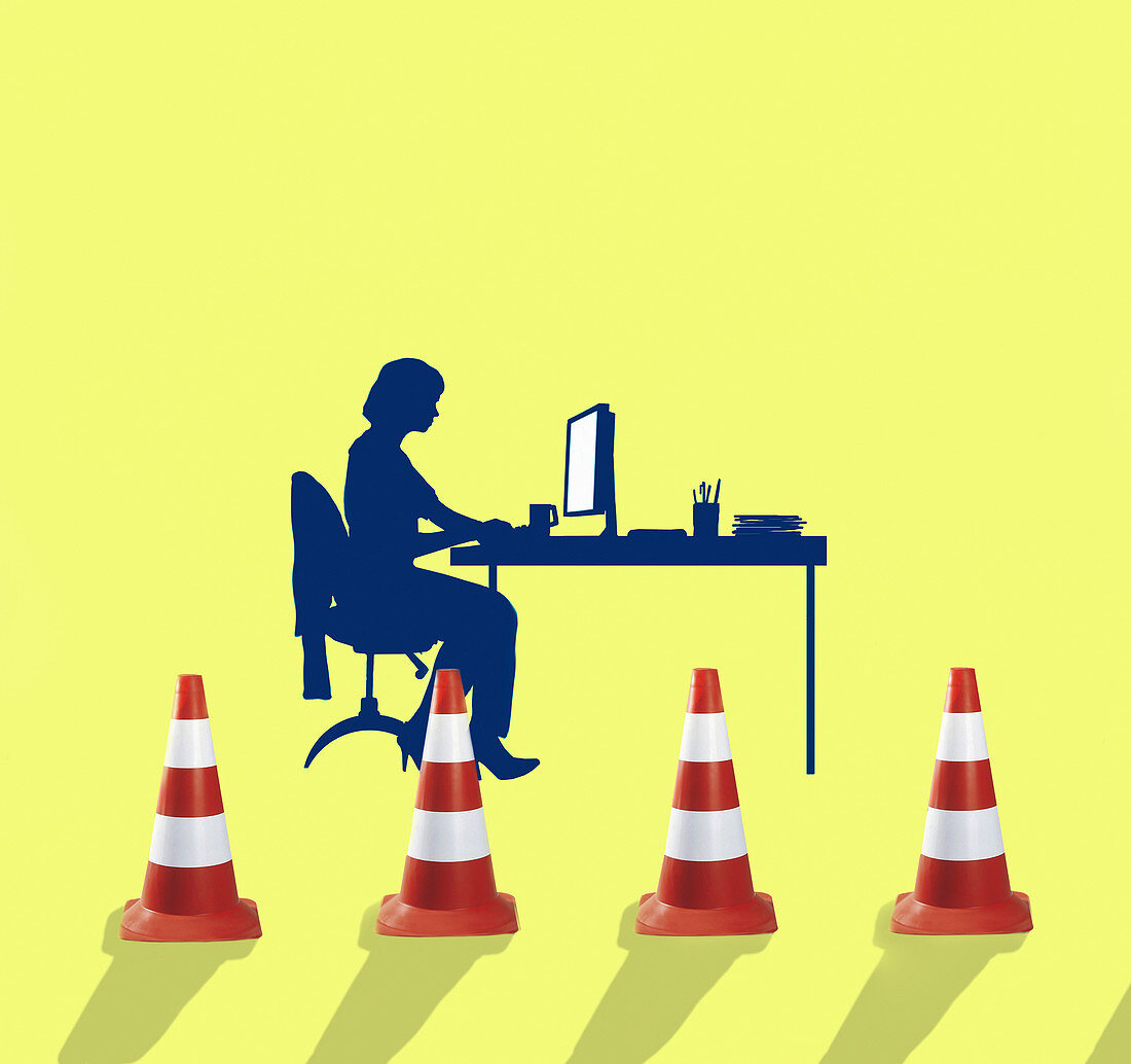 Woman working at desk behind traffic cones, illustration