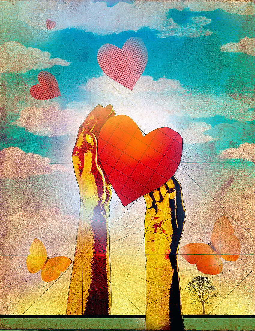 Hands releasing hearts as butterflies, illustration