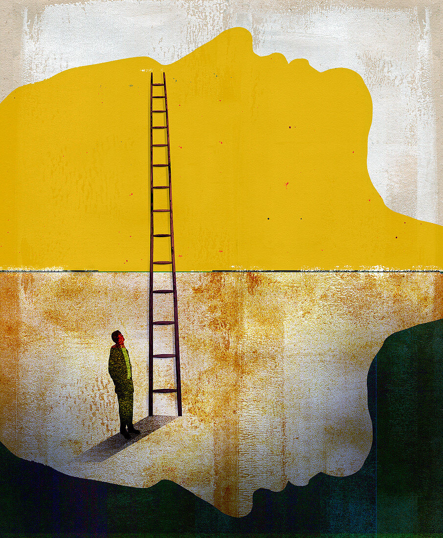 Man at bottom of ladder, illustration
