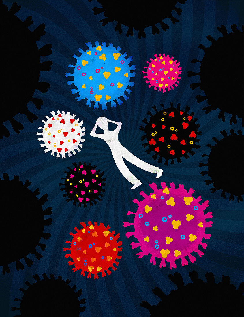 Figure in panic surrounded by coronavirus, illustration