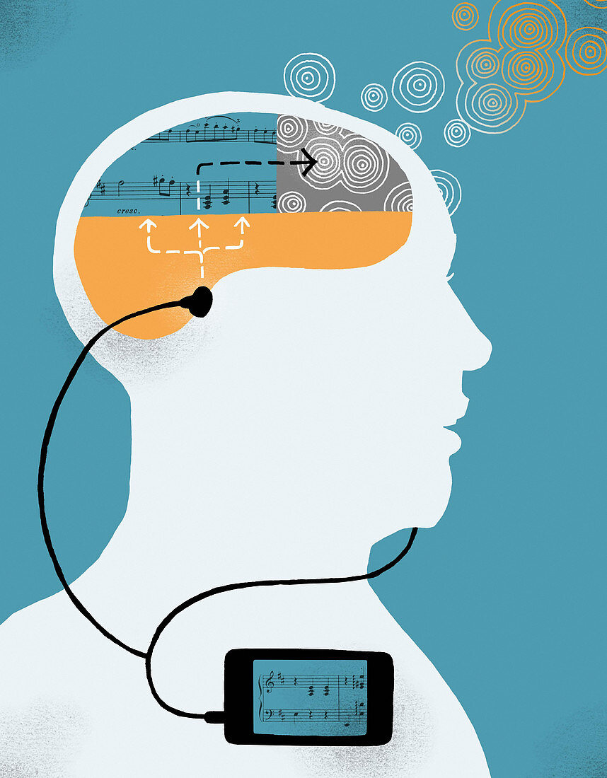 Man enjoying listening to music on smart phone, illustration