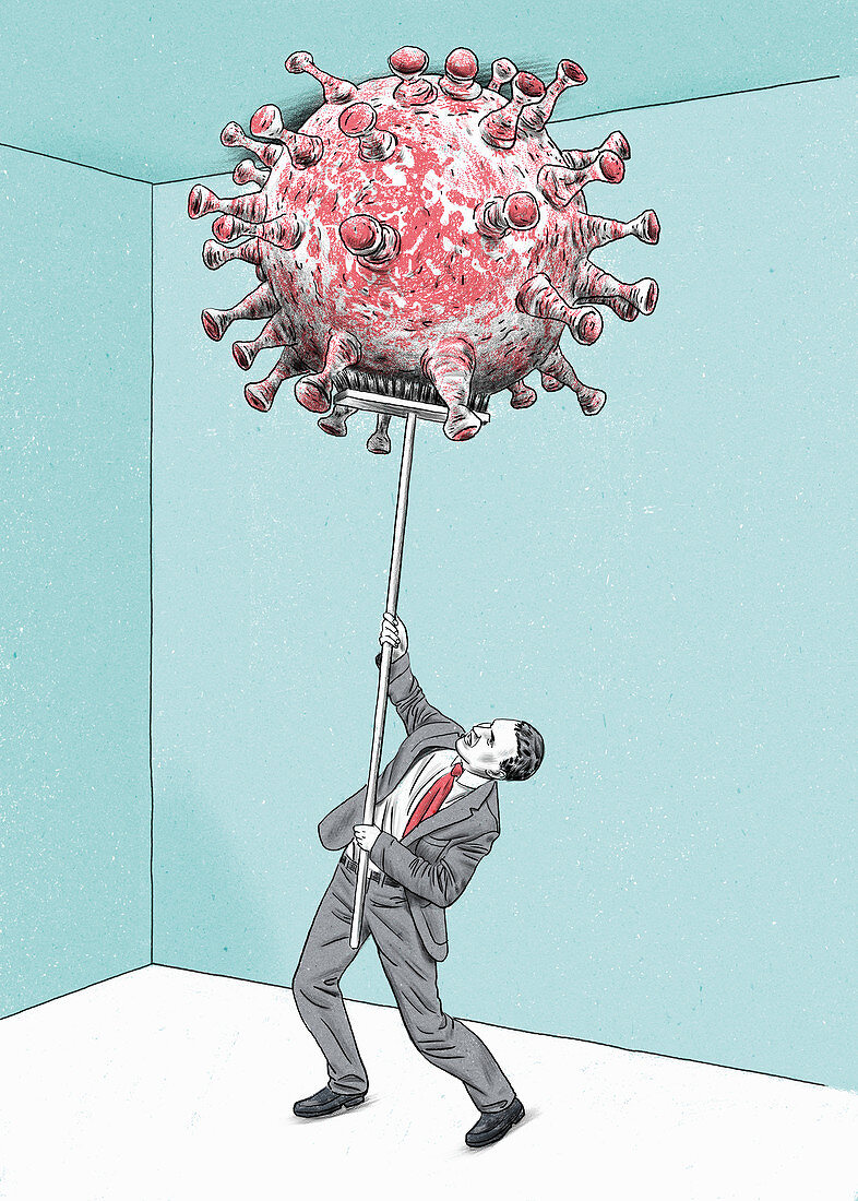 Businessman fighting coronavirus with broom, illustration