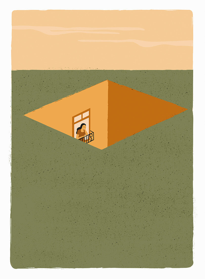 Sad woman looking out of window into hole, illustration