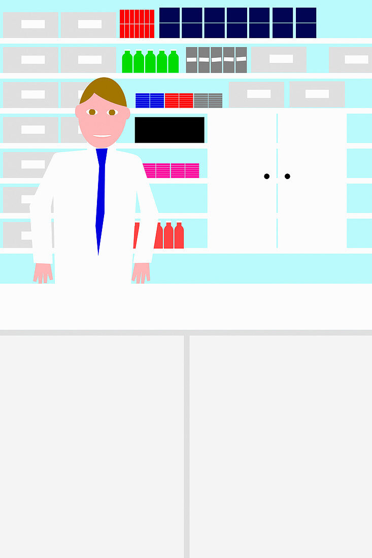 Pharmacist standing at counter, illustration