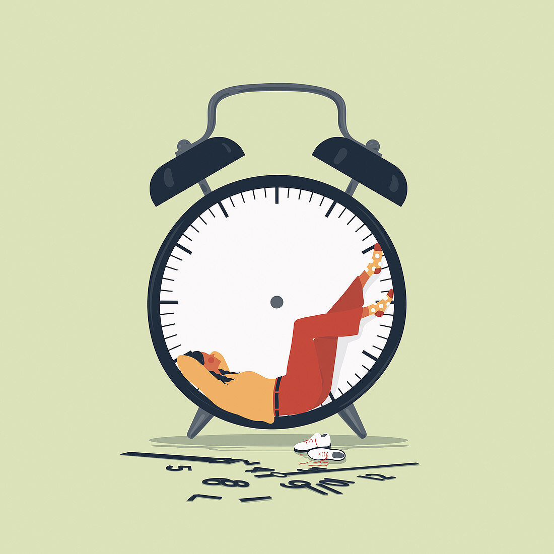 Woman relaxing inside of clock with no hands, illustration