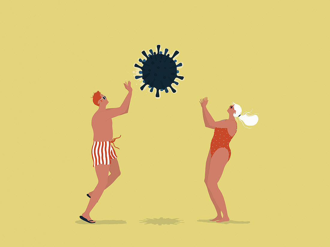 Couple on beach playing with coronavirus ball, illustration