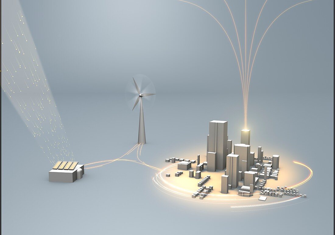 Alternative energy powered city, illustration