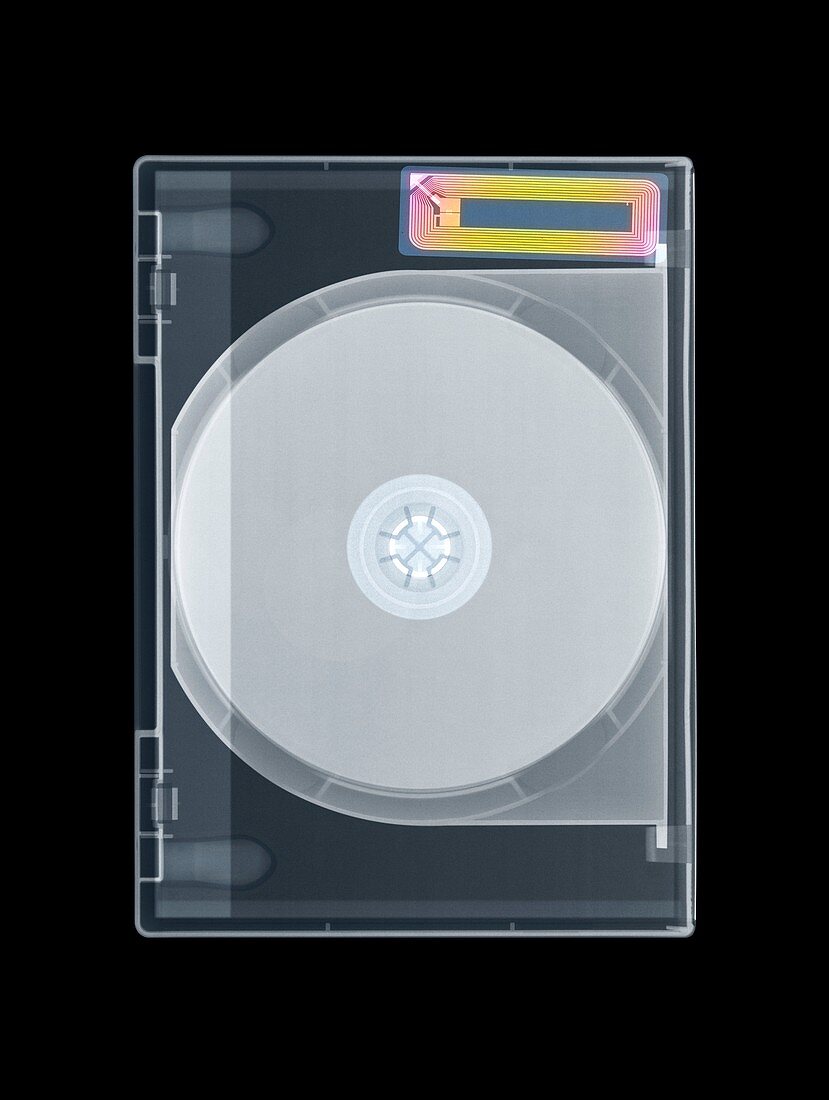 Security tag on DVD case, X-ray