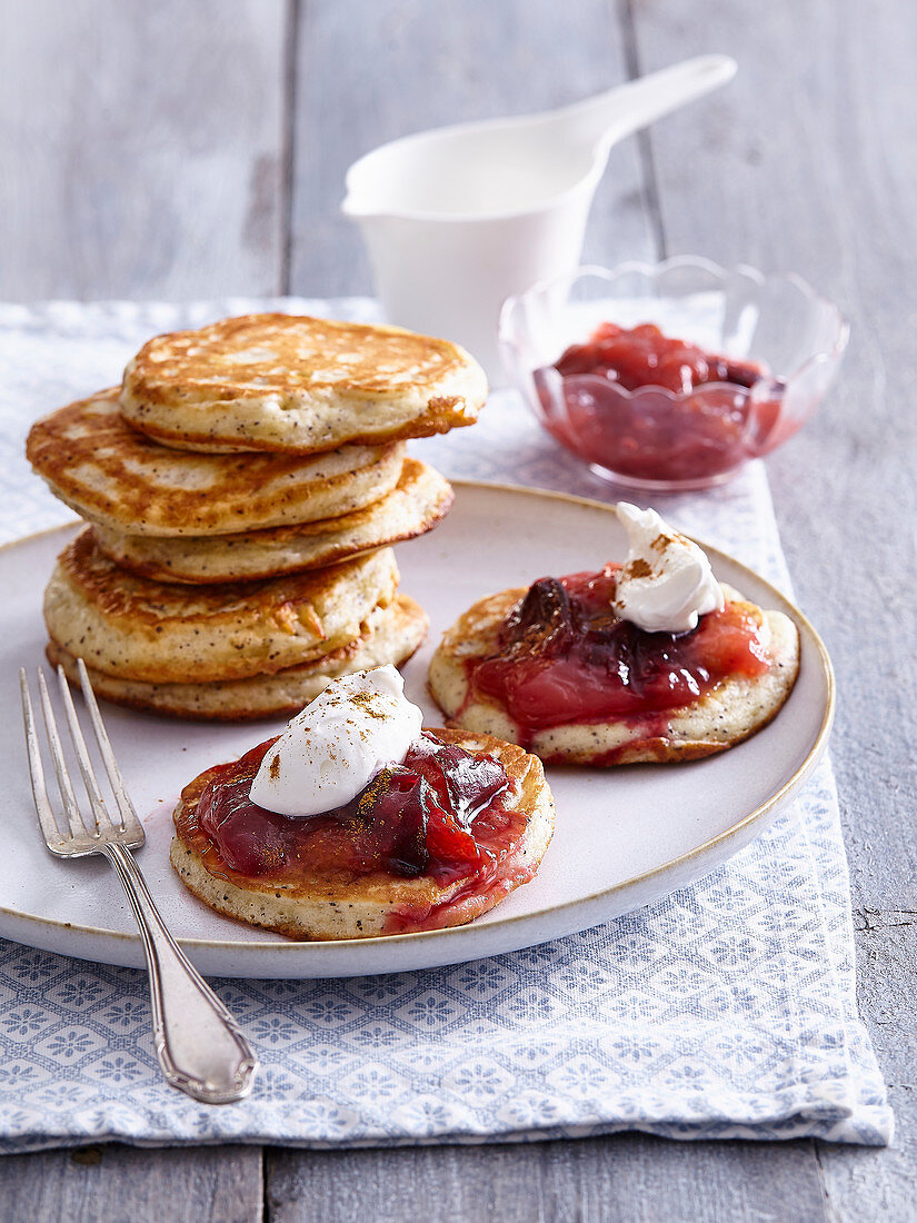 Poppy pancakes with mirabelles