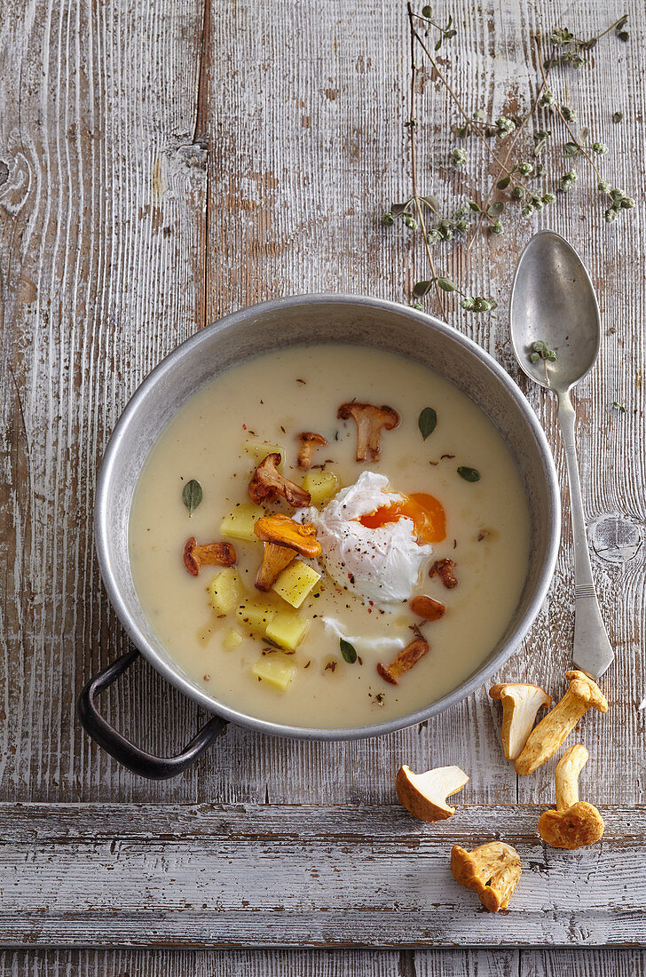 Potato cream with egg and chanterelles