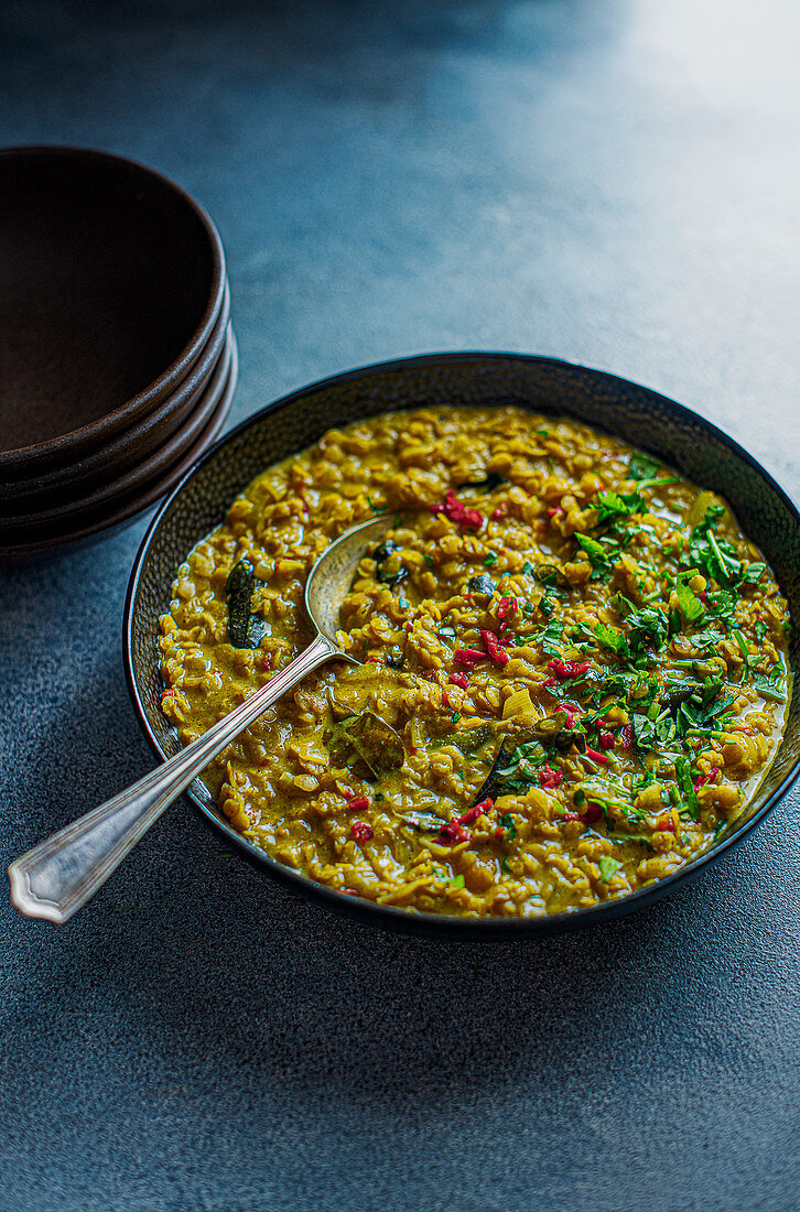 Indian dhal made with spices, lentils, coconut fresh curry leaves, chilli and fresh coriander