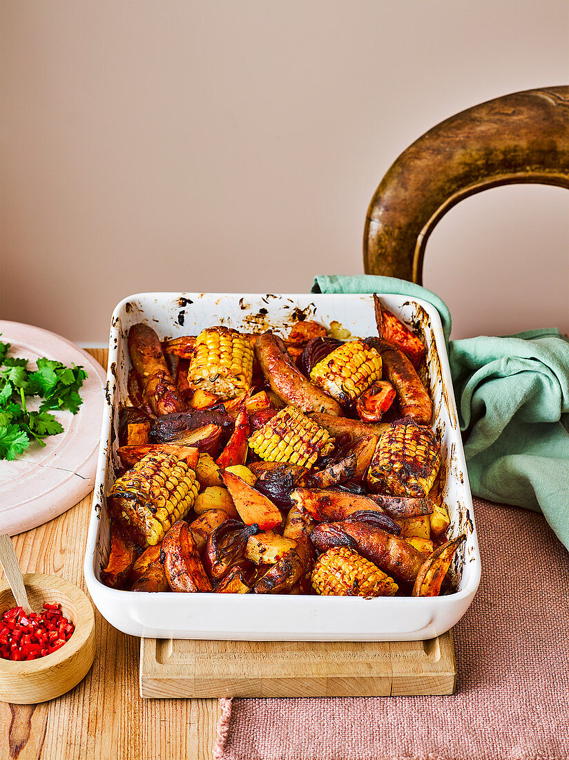 Sausage and sweet potato traybake