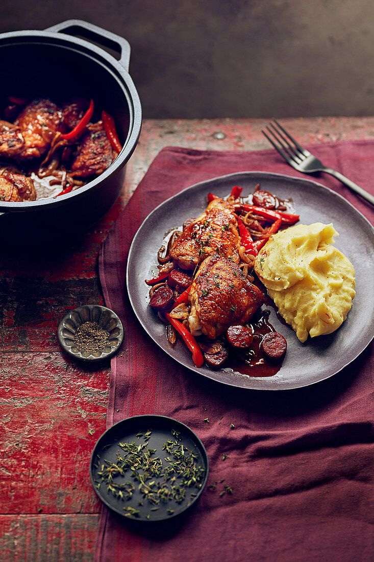 Chicken with chorizo, peppers and saffron mash