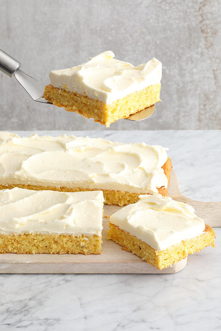 A carrot cake tray bake with frosting