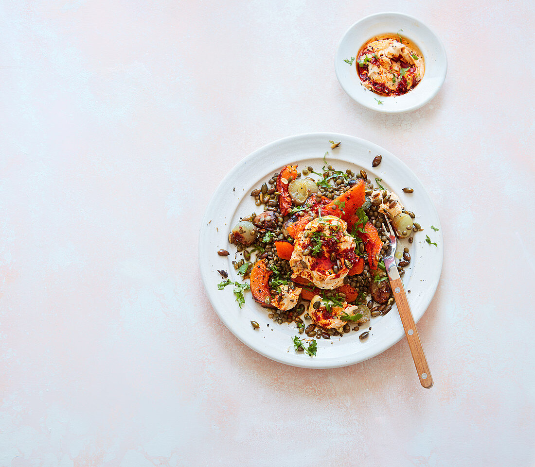 Slow-roast squash and garlic lentils with harissa yogurt