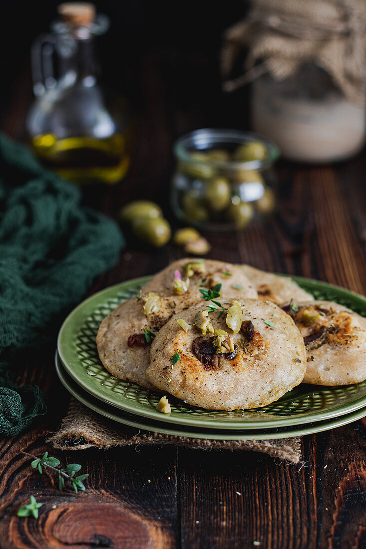 Pancakes with olives, sea salt and thyme