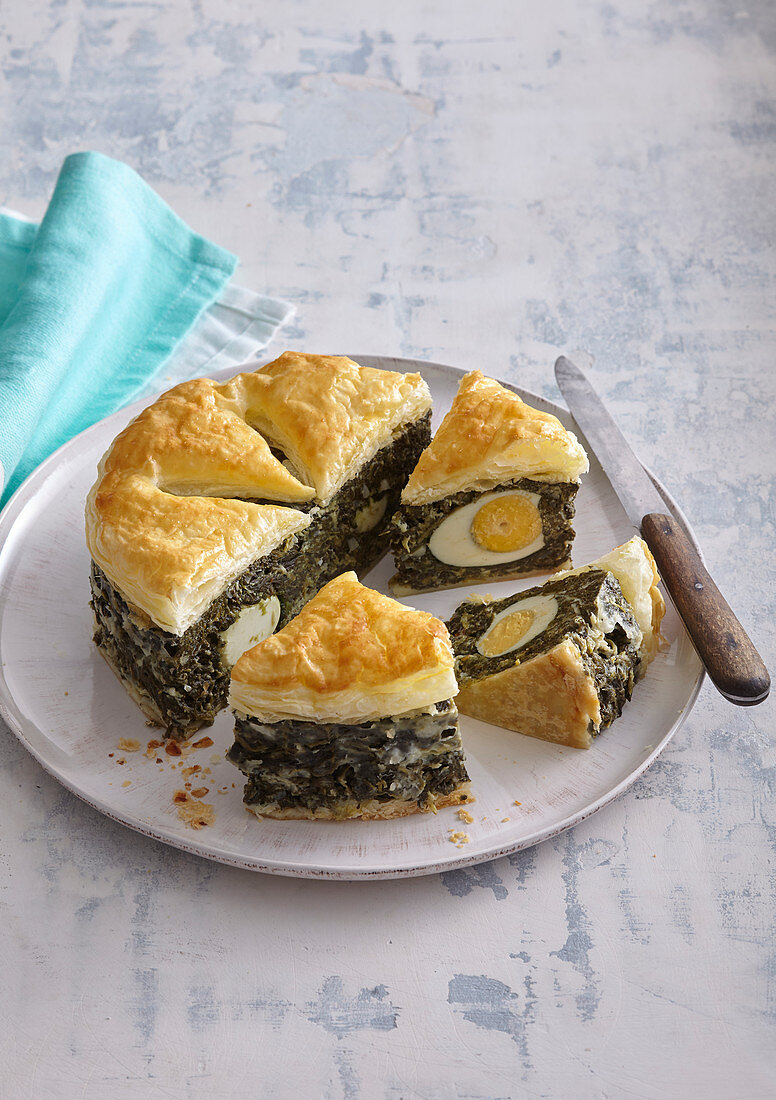 Spinach pie with boiled eggs