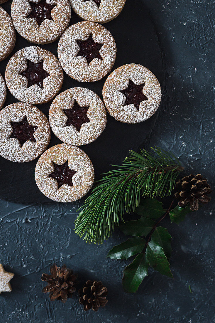 Christmas linzer cookies with jam