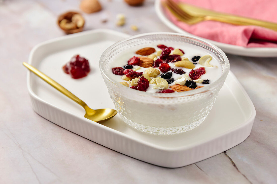 Yogurt with nuts topping