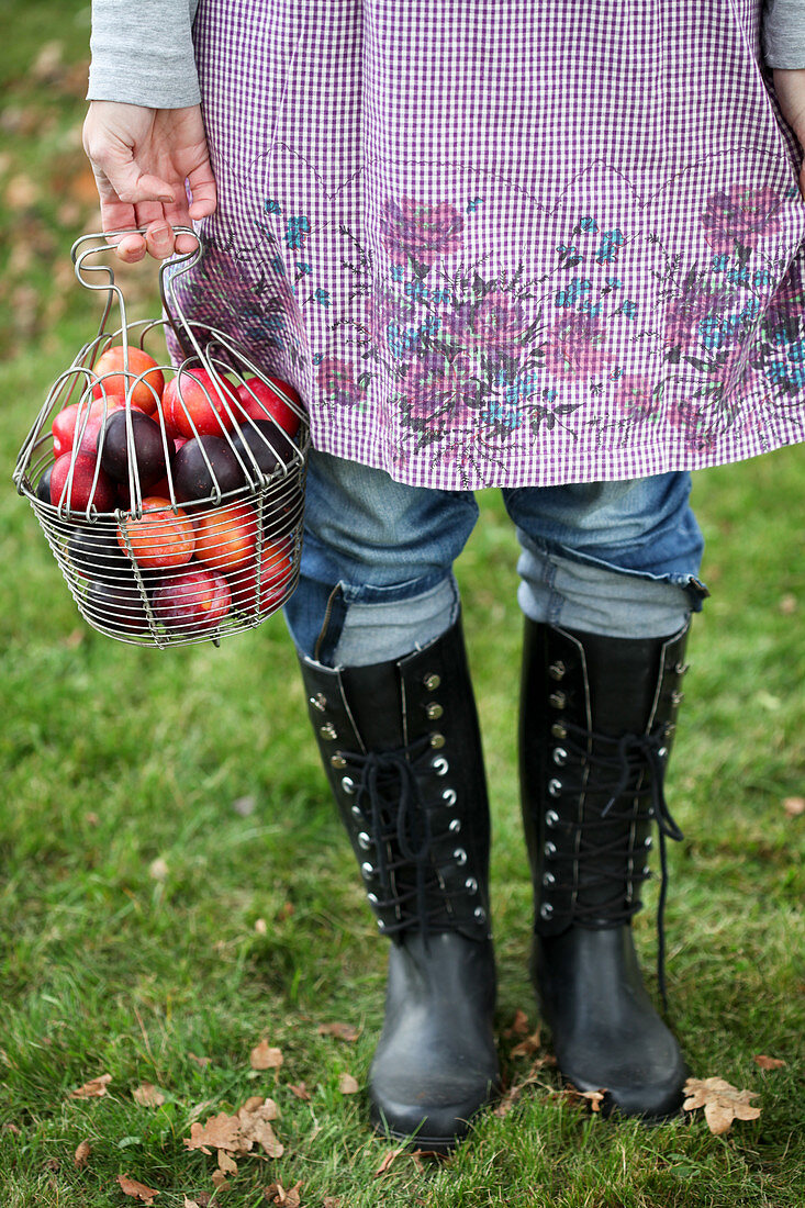 Woman holding a basket with plums