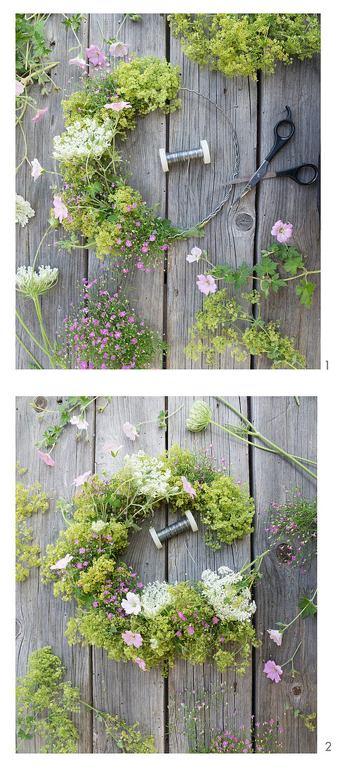 Tying a wreath of lady's mantle, mallows, Queen Anne's lace and gypsophila