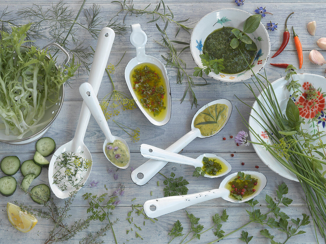 Various salad dressings made from herbs and spices