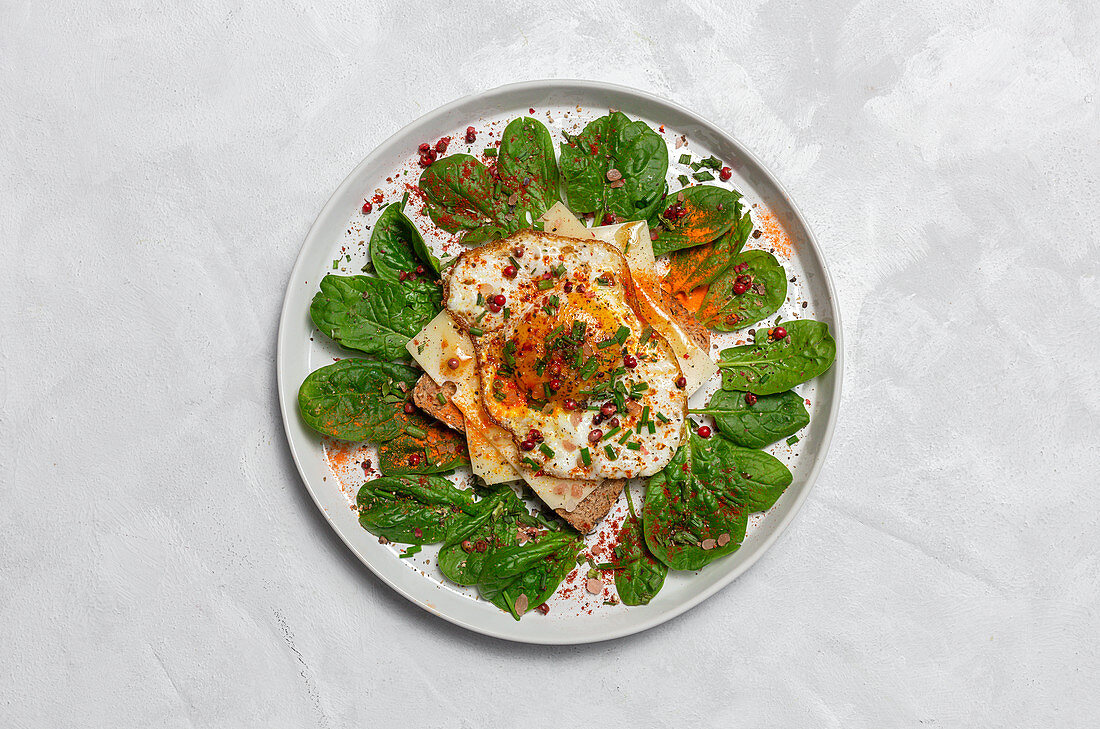 Homemade toasted bread with fried egg, spinach and aromatic herbs on white background