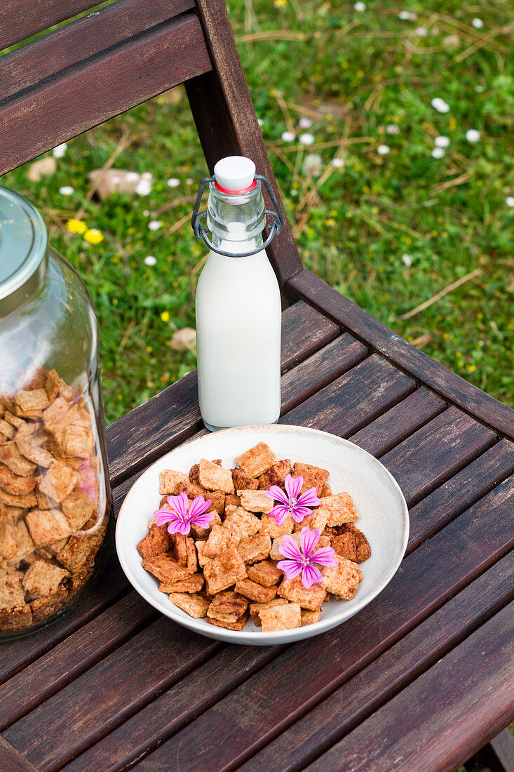 Bowl with yummy cinnamon cereal and glass bottle of milk placed on chair in countryside for breakfast