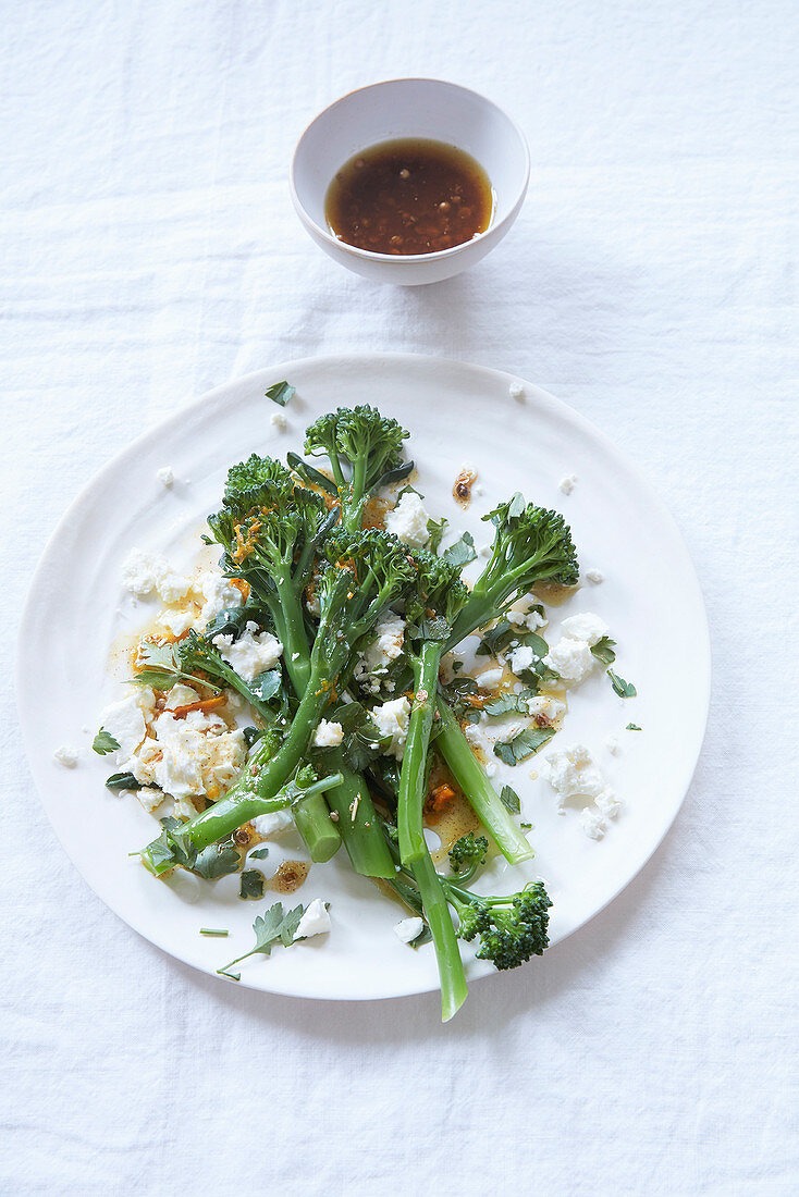 Wild broccoli salad with parsley and feta cheese