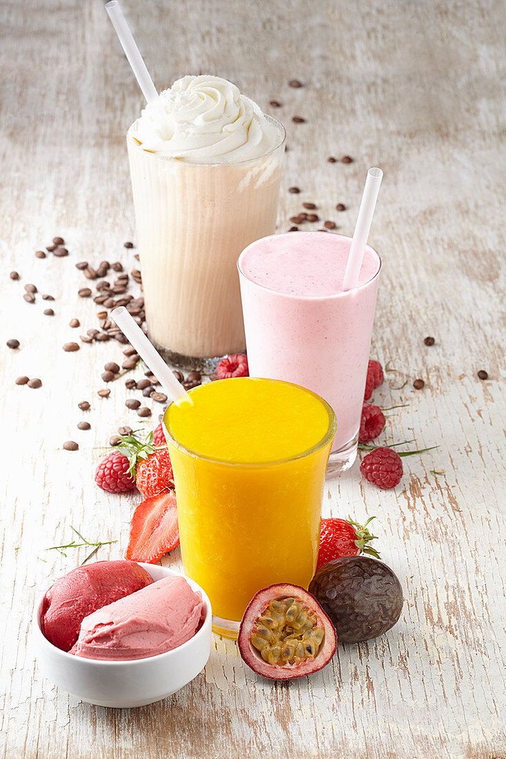 Exotic fruit slush, a strawberry milkshake and a coffee milkshake