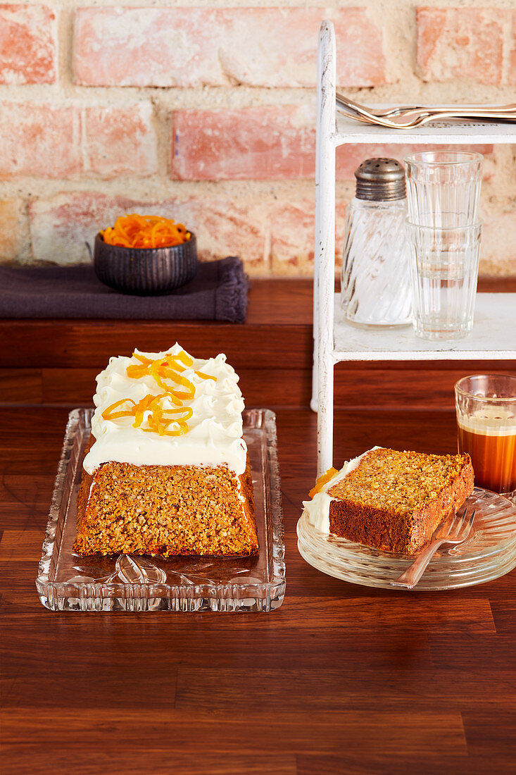 Gluten-free carrot cake with orange and cream cheese frosting