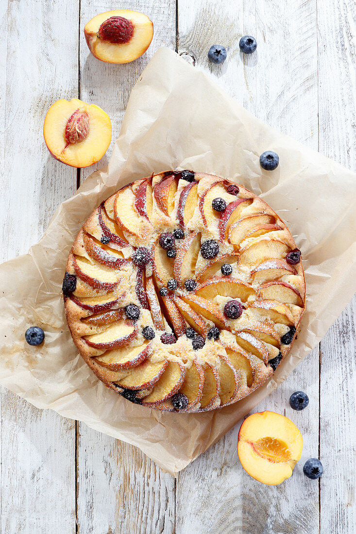 Buttery peach pie with blueberries