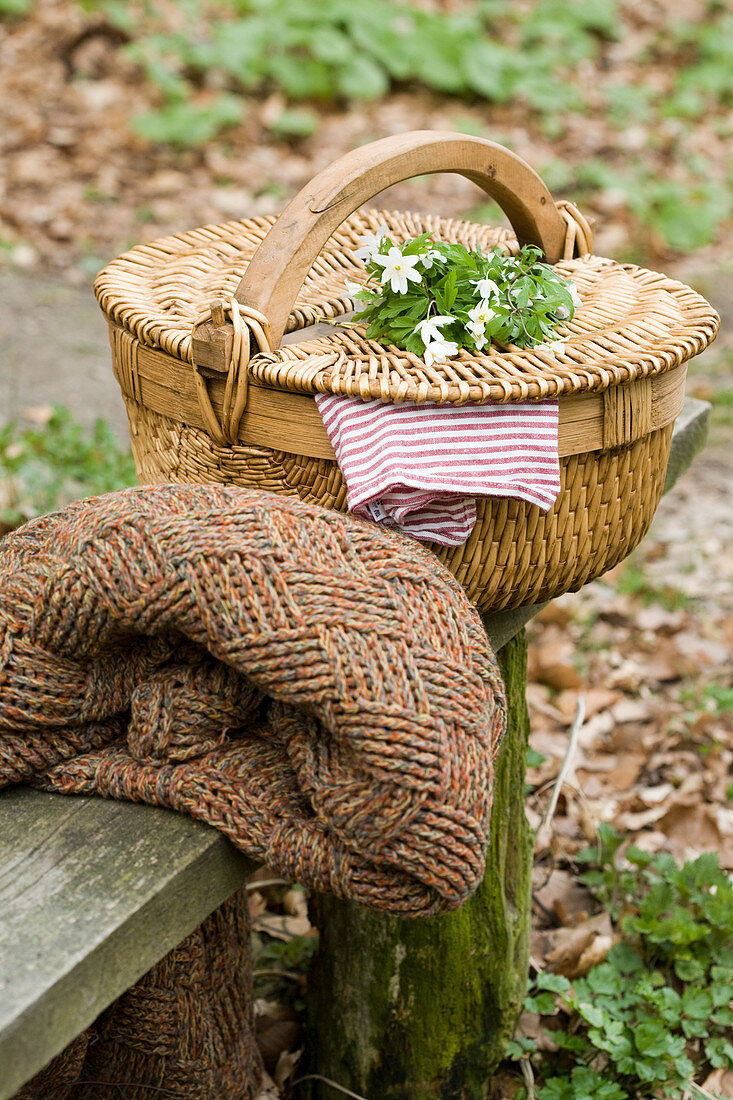 Posy of wood anemones on top of picnic basket