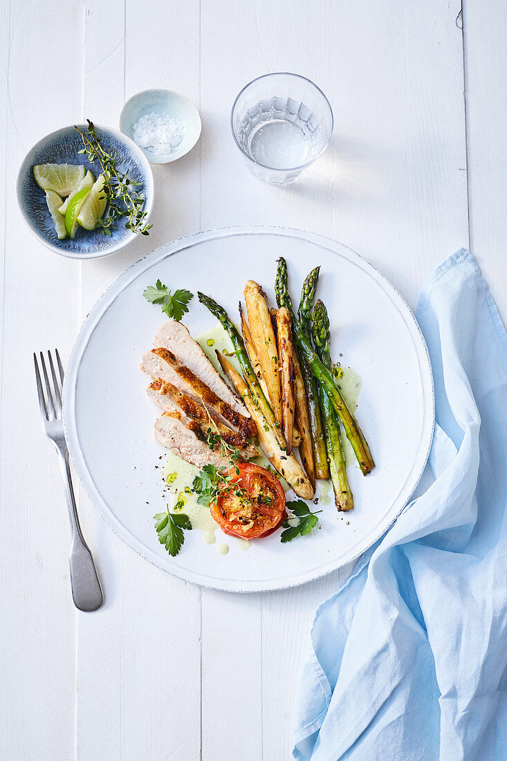 Guinea fowl breast with mixed asparagus and ginger tomatoes