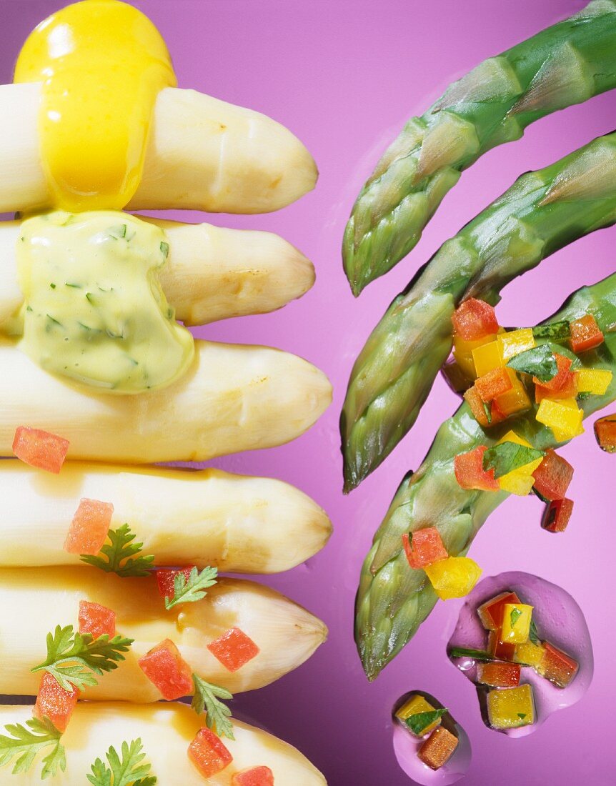 Green & white asparagus tips with various sauces