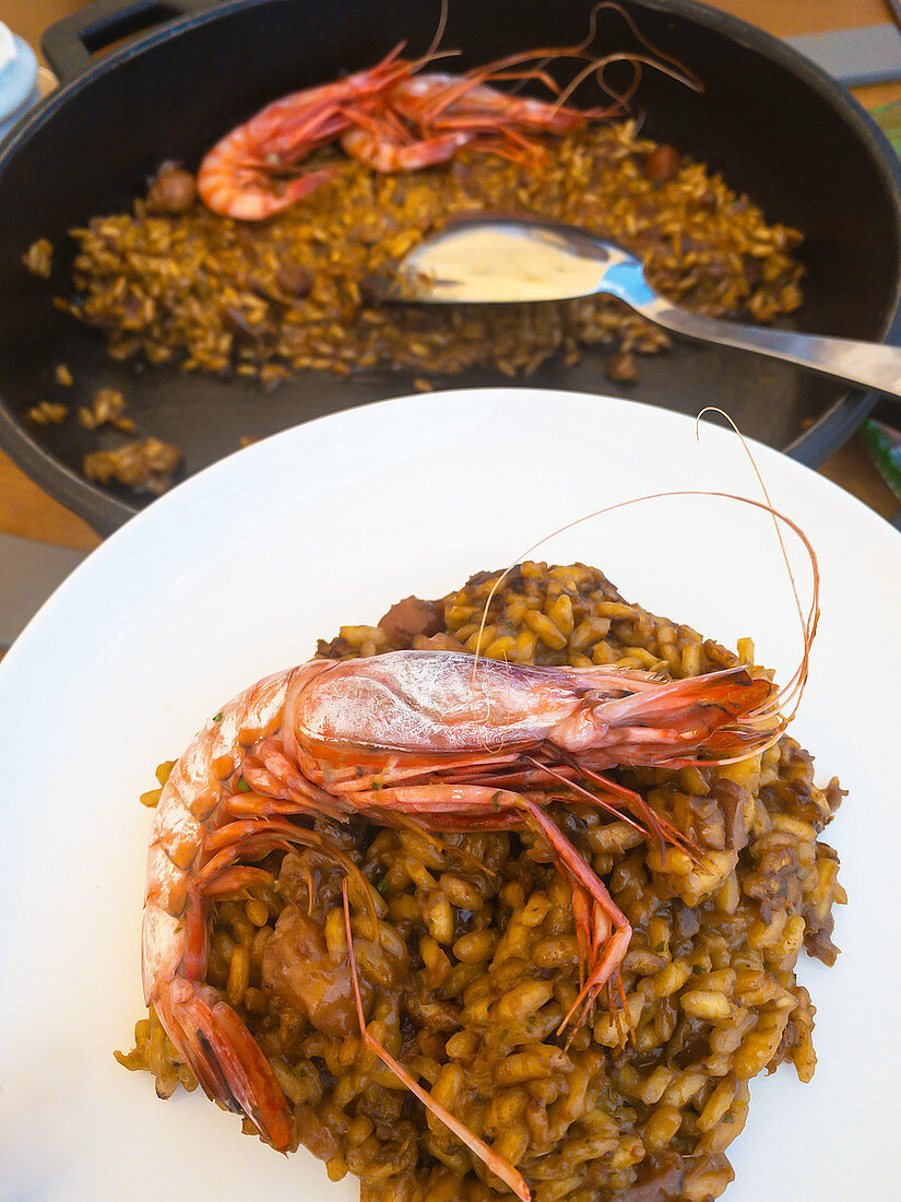 Paella with red shrimp