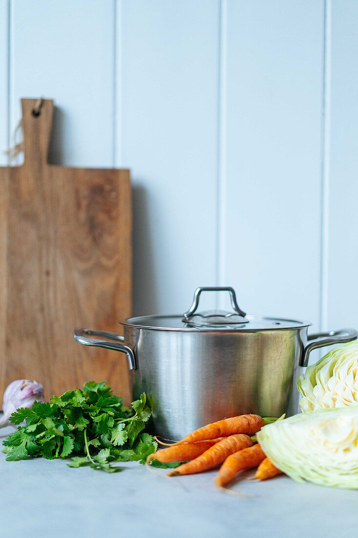 Cabbage, carrots and fresh parsley and metal pot for preparation