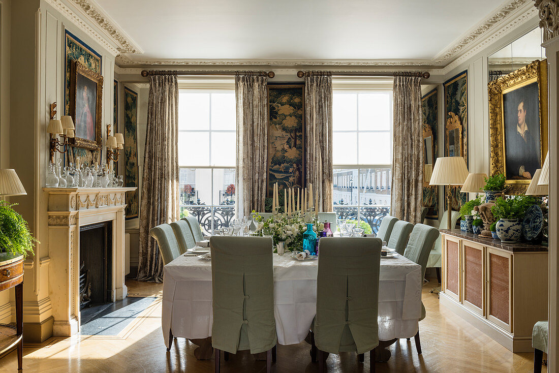 Festively set table in period dining room