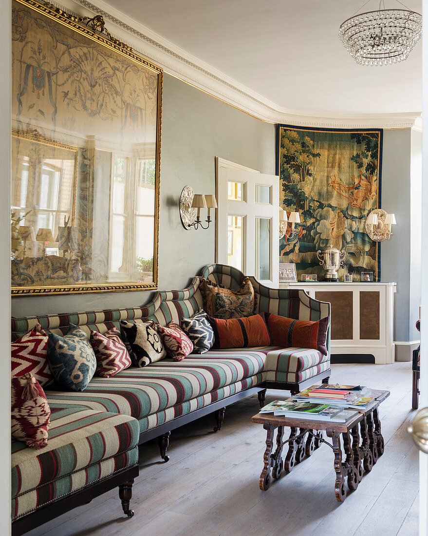 Striped sofa in classic, English-style living room