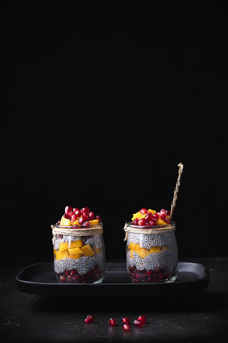 Chiapudding mit exotischen Früchten im Glas