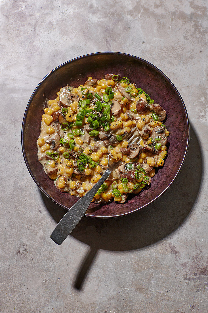 Fried mushrooms and oumpkin spätzle (soft Swabian egg noodles)