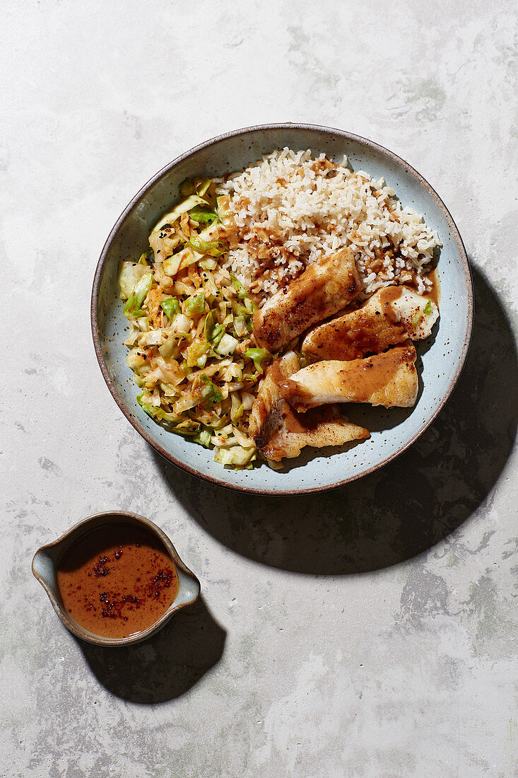 Rose fish with a peanut sauce and quick kimchi