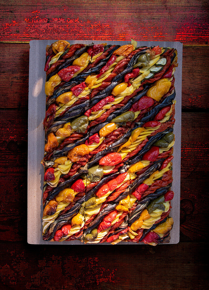 Colorful vegetable tart in a tray