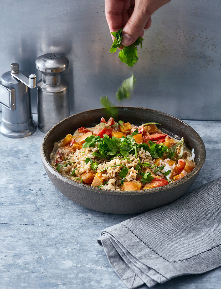 Pumpkin and pepper curry with yoghurt and basmati rice