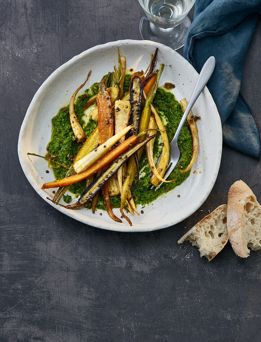 Root vegetables with parsley and nut pesto
