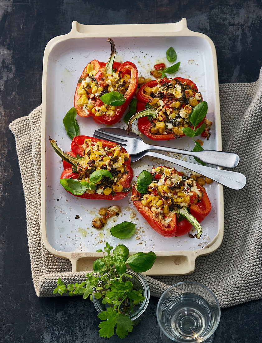 Stuffed peppers with sweetcorn and sheep's cheese